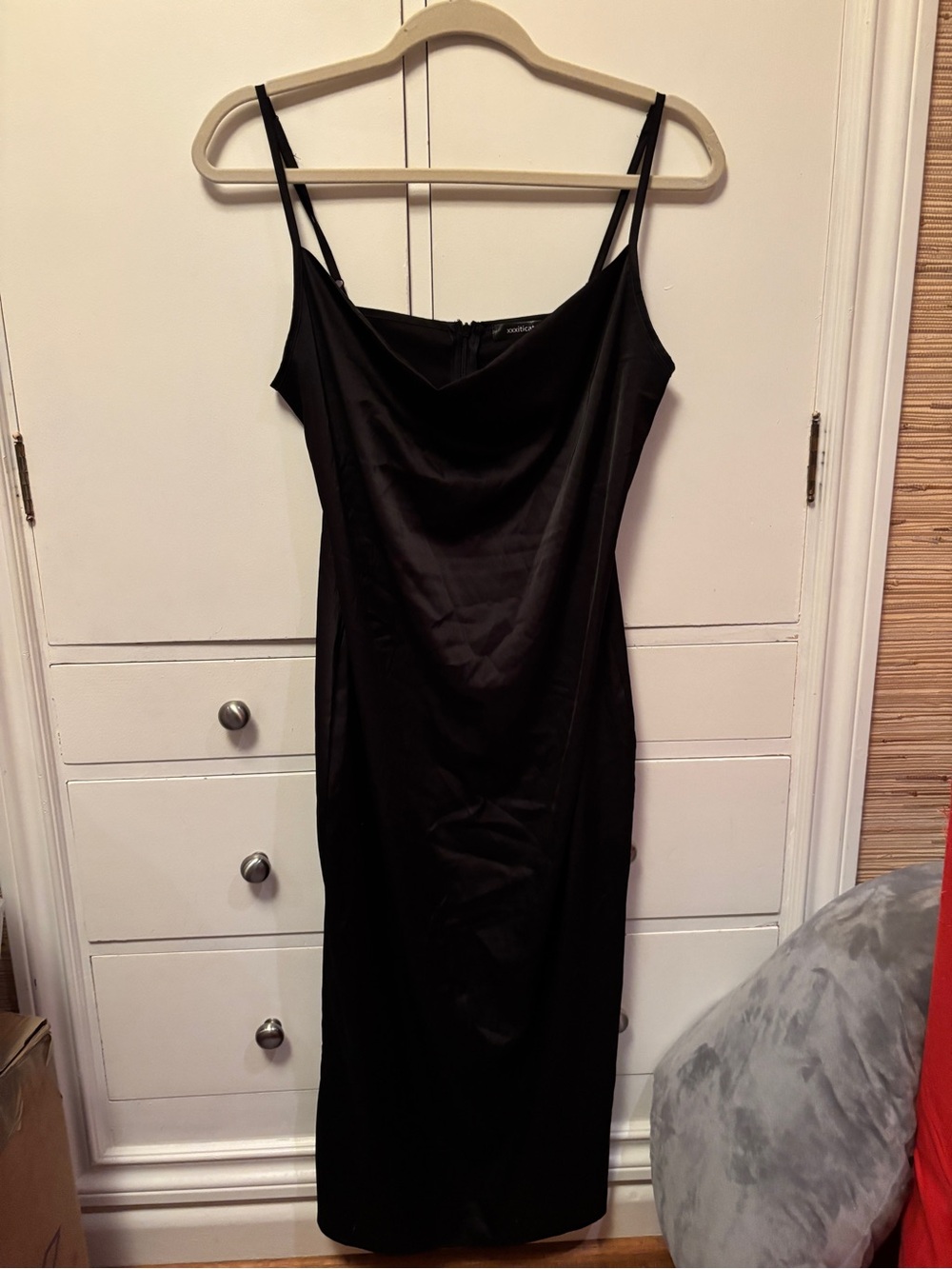 Women's Black Slip Satin Midi Dress w/ Cowl Neck - Classic Spaghetti Strap
